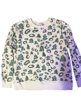 Mighty Fine White Sweatshirt with Green Tree & Leopard Print